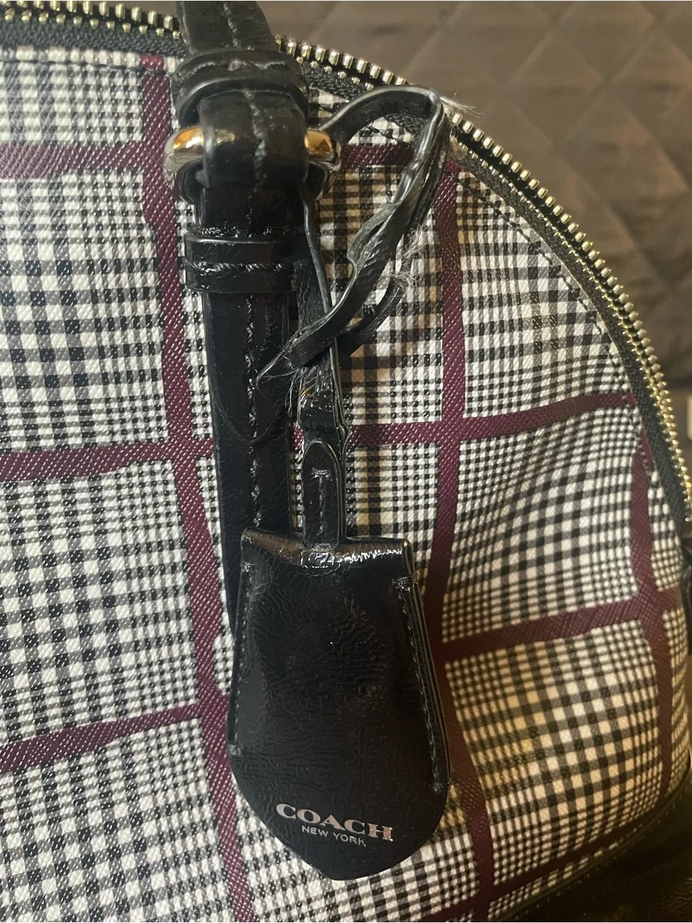 Coach Black Patent Leather Cora Glen Plaid Dome Satchel with Burgundy Accents